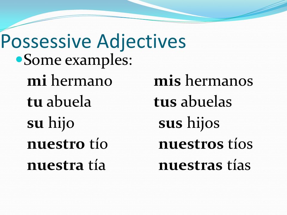Posessive Adjectives singular mi / mis(my) tu / tus(your) su / sus (his,her) or (your f.) plural nuestro a, os, as (our) vuestro, a, os, as (your inf.) su / sus (their) or (your f.)