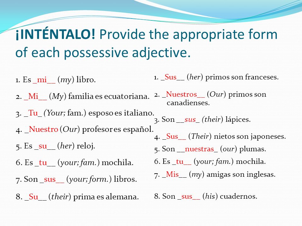 ¡INTÉNTALO. Provide the appropriate form of each possessive adjective.
