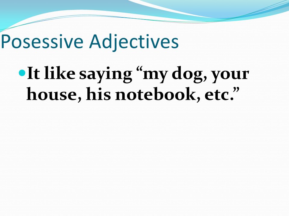 Possessive Adjectives Here are the possessive adjectives in English: my, your, his, her, our, and their.