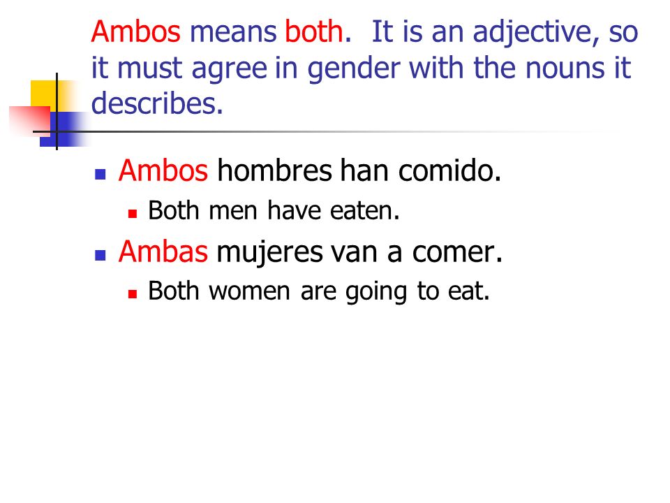 Ambos means both. It is an adjective, so it must agree in gender with the nouns it describes.