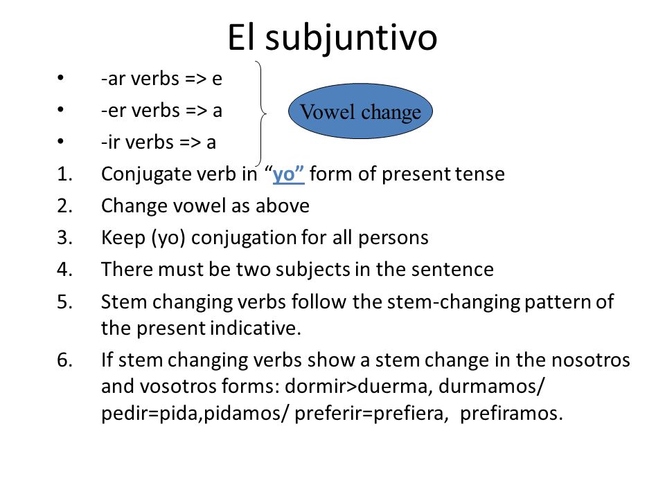 El subjuntivo -ar verbs => e -er verbs => a -ir verbs => a 1.Conjugate verb in yo form of present tense 2.Change vowel as above 3.Keep (yo) conjugation for all persons 4.There must be two subjects in the sentence 5.Stem changing verbs follow the stem-changing pattern of the present indicative.