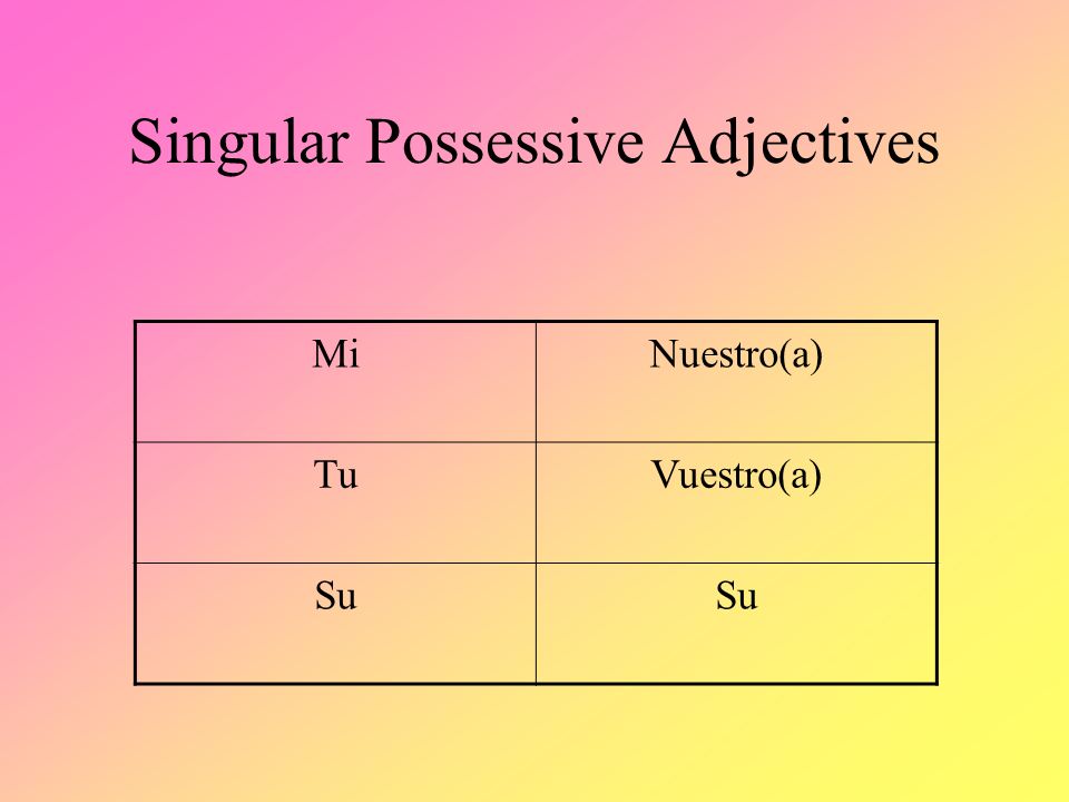Use possessive adjectives to express my, your, his, our, their..etc Possessive adjectives must: Agree in number with the nouns that follow them.