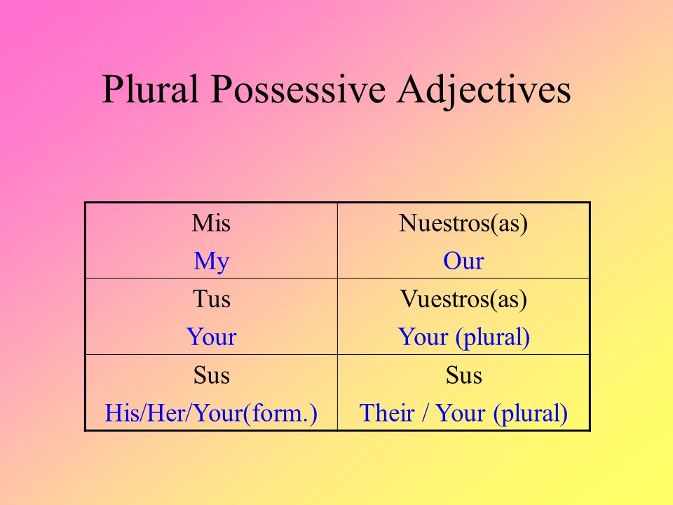 Plural Possessive Adjectives MisNuestros(as) TusVuestros(as) Sus