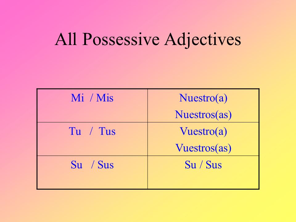 Plural Possessive Adjectives Mis My Nuestros(as) Our Tus Your Vuestros(as) Your (plural) Sus His/Her/Your(form.) Sus Their / Your (plural)