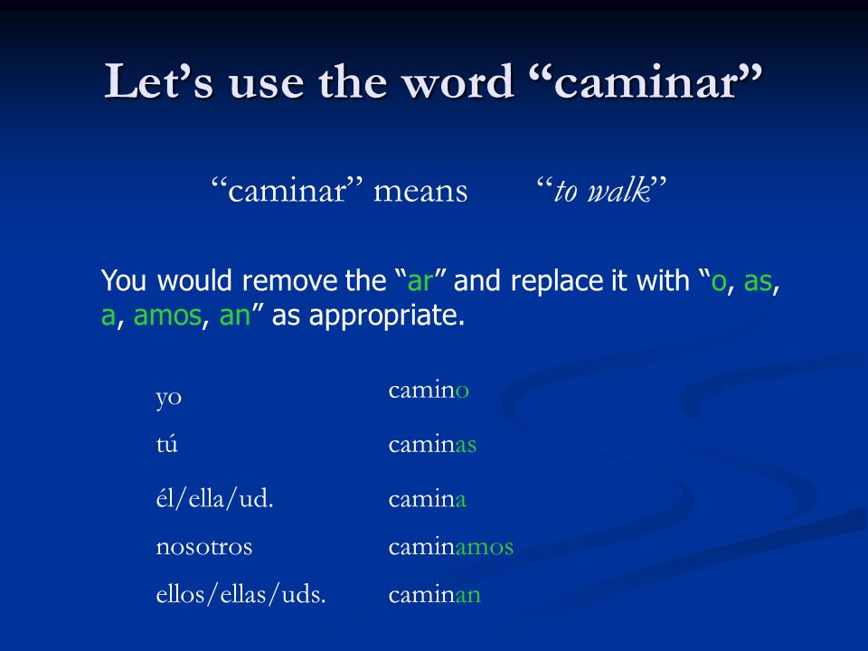 Lets use the word caminar caminar means to walk You would remove the ar and replace it with o, as, a, amos, an as appropriate.