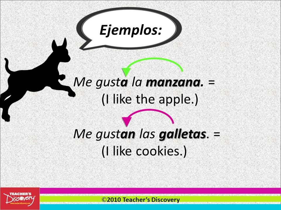 © 2010 Teachers Discovery gustar The verb gustar is conjugated to go with the thing you like, which is actually the subject of the sentence.