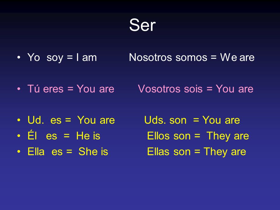 Ser Yo soy = I am Nosotros somos = We are Tú eres = You are Vosotros sois = You are Ud.