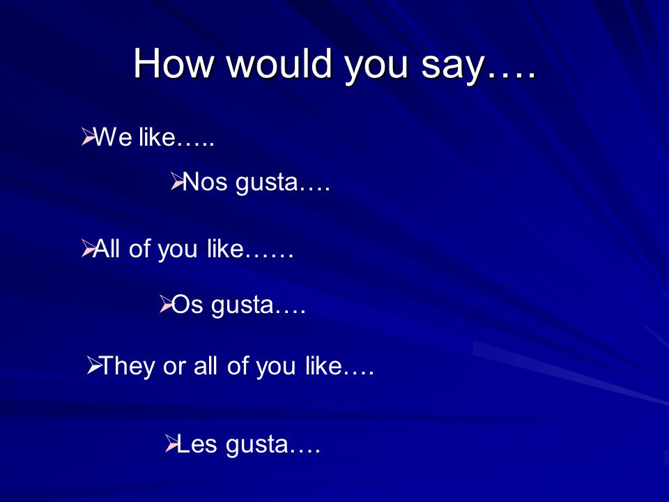 How would you say…. We like….. Nos gusta…. All of you like…… Os gusta….