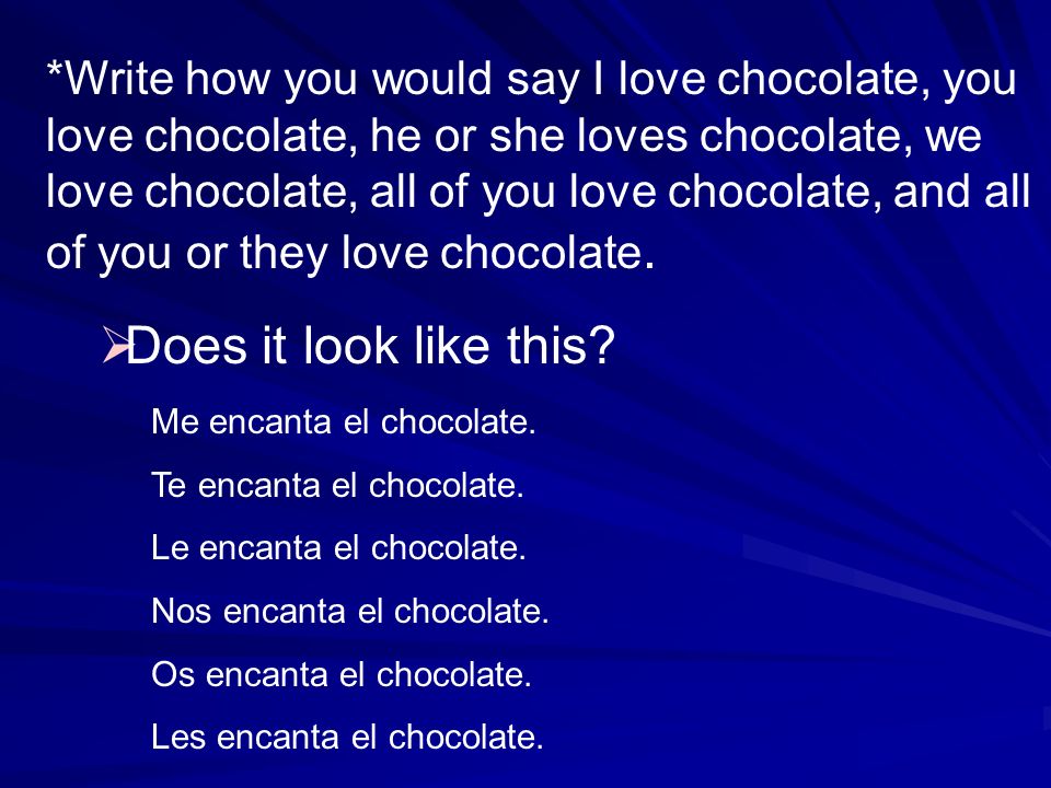 *Write how you would say I love chocolate, you love chocolate, he or she loves chocolate, we love chocolate, all of you love chocolate, and all of you or they love chocolate.
