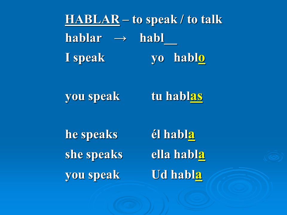 HABLAR – to speak / to talk hablar habl__ I speakyo hablo you speaktu hablas he speaksél habla she speaksella habla you speakUd habla