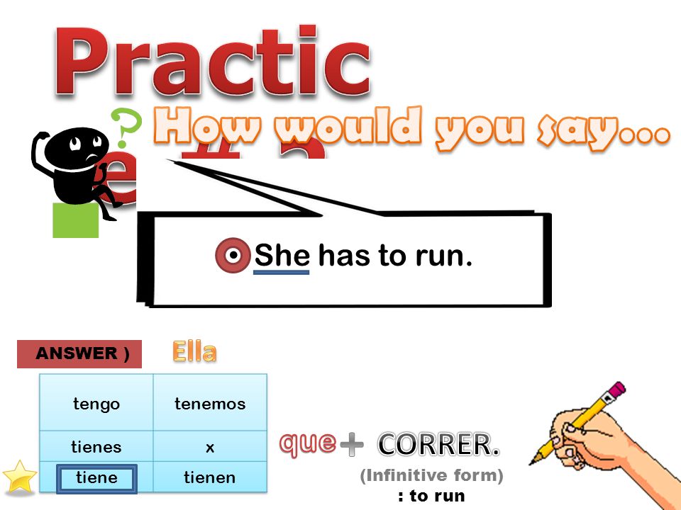 She has to run. ANSWER ) (Infinitive form) : to run