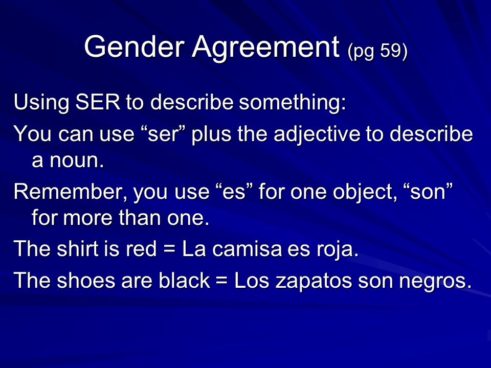 Gender Agreement (pg 59) Using SER to describe something: You can use ser plus the adjective to describe a noun.