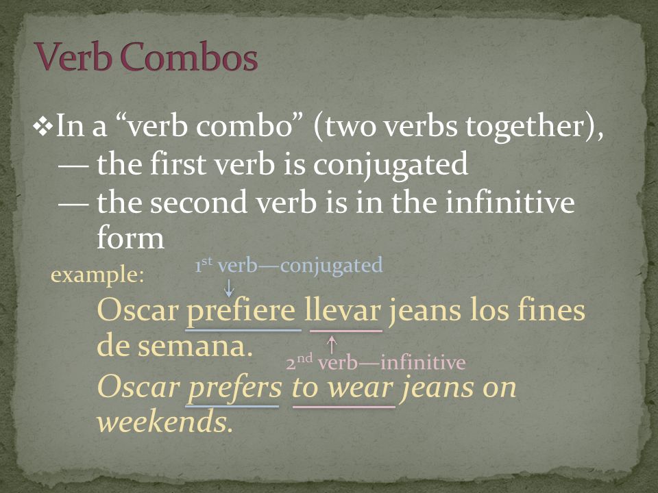 In a verb combo (two verbs together), the first verb is conjugated the second verb is in the infinitive form example: Oscar prefiere llevar jeans los fines de semana.