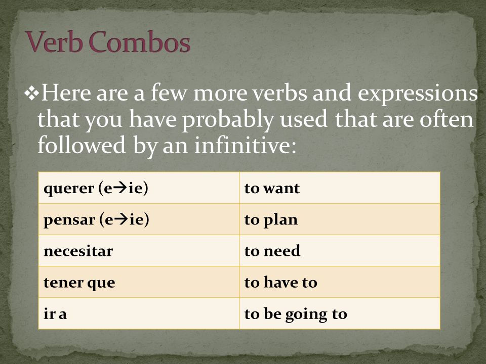 Here are a few more verbs and expressions that you have probably used that are often followed by an infinitive: querer (e ie)to want pensar (e ie)to plan necesitarto need tener queto have to ir ato be going to