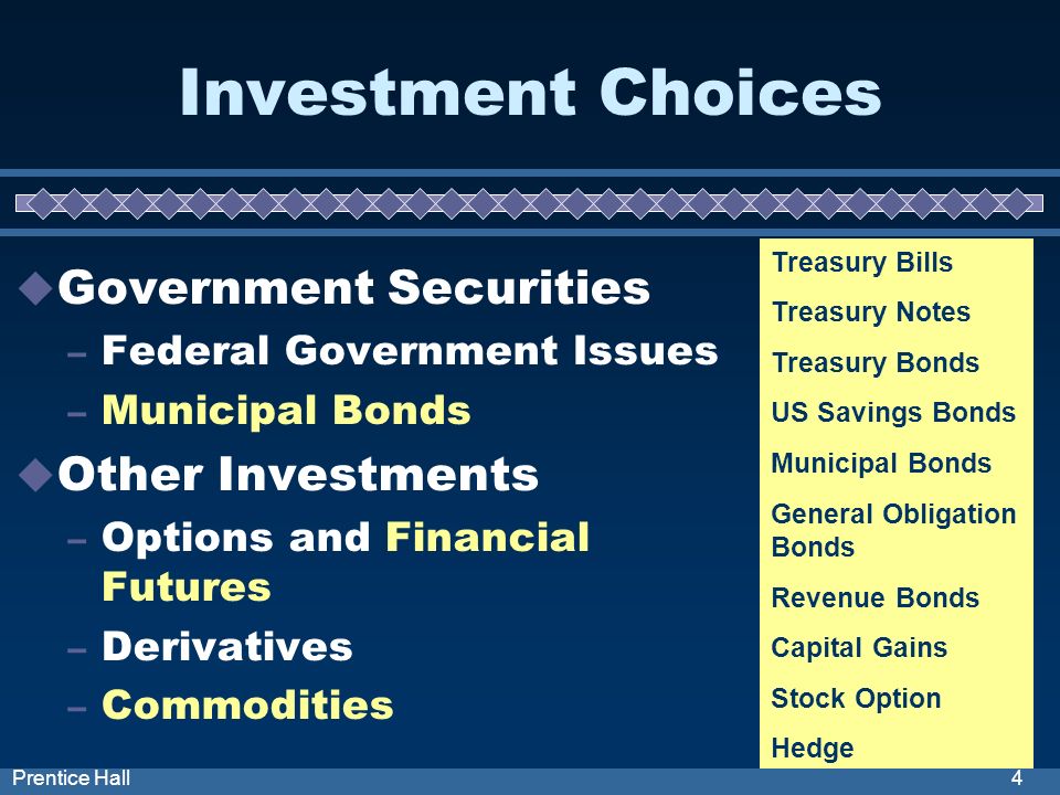 4Prentice Hall Investment Choices Government Securities – Federal Government Issues – Municipal Bonds Other Investments – Options and Financial Futures – Derivatives – Commodities Treasury Bills Treasury Notes Treasury Bonds US Savings Bonds Municipal Bonds General Obligation Bonds Revenue Bonds Capital Gains Stock Option Hedge