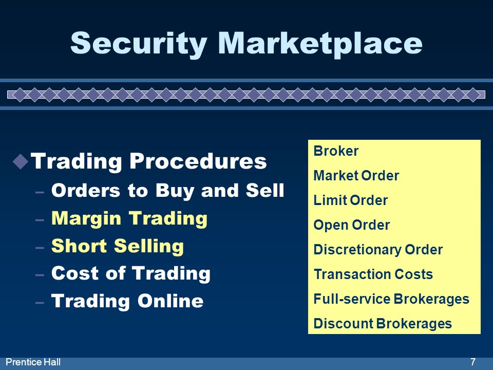 7Prentice Hall Security Marketplace Trading Procedures – Orders to Buy and Sell – Margin Trading – Short Selling – Cost of Trading – Trading Online Broker Market Order Limit Order Open Order Discretionary Order Transaction Costs Full-service Brokerages Discount Brokerages