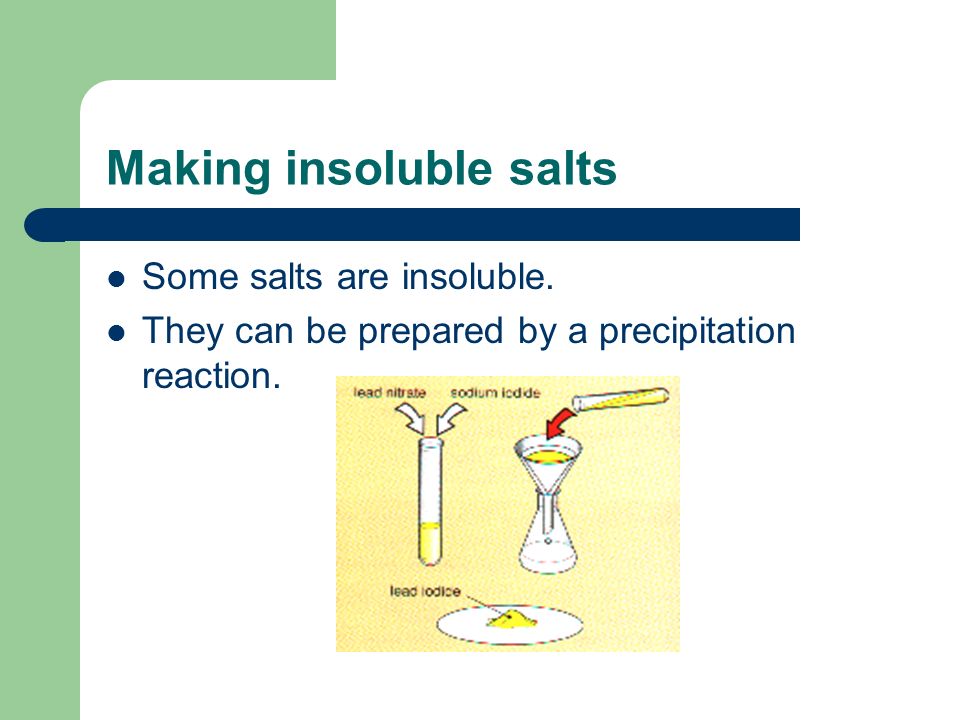 Making insoluble salts Some salts are insoluble. They can be prepared by a precipitation reaction.