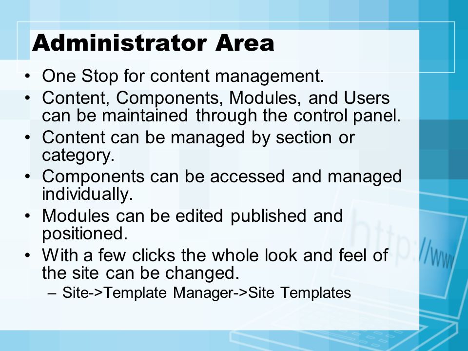 Administrator Area One Stop for content management.