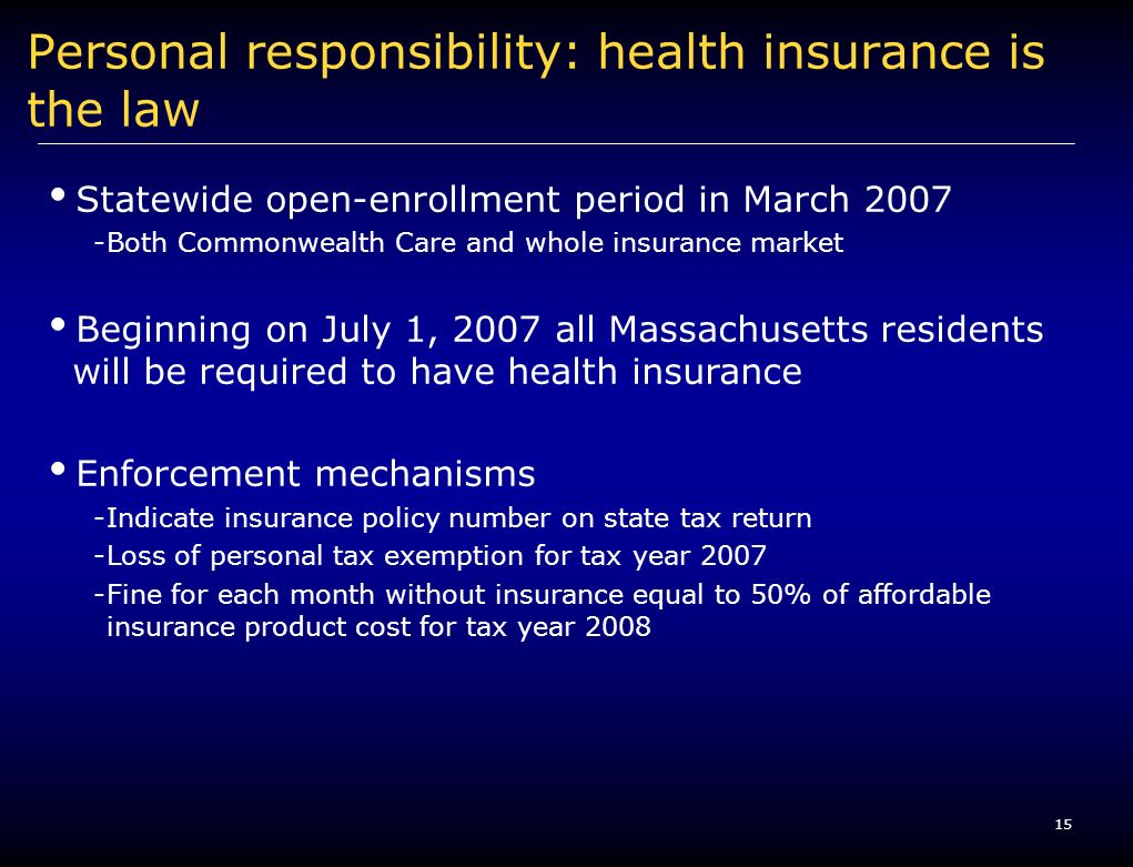 15 Personal responsibility: health insurance is the law Statewide open-enrollment period in March Both Commonwealth Care and whole insurance market Beginning on July 1, 2007 all Massachusetts residents will be required to have health insurance Enforcement mechanisms -Indicate insurance policy number on state tax return -Loss of personal tax exemption for tax year Fine for each month without insurance equal to 50% of affordable insurance product cost for tax year 2008