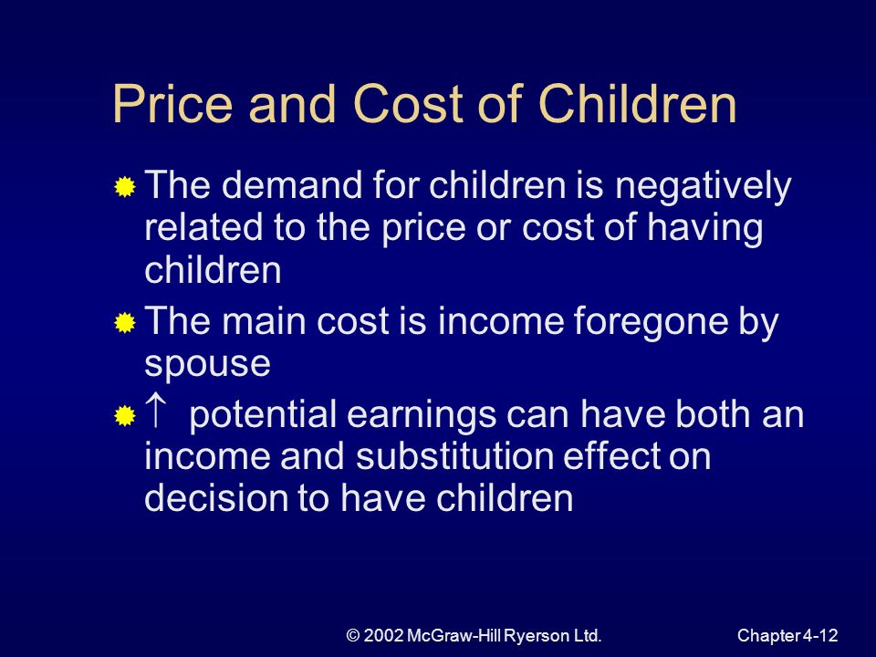 © 2002 McGraw-Hill Ryerson Ltd.Chapter 4-11 Income Positive relationship between income and the desired number of children Contraceptive knowledge and the cost of having children tend to be related to the income variable Difficult to separate the pure effect income on decision