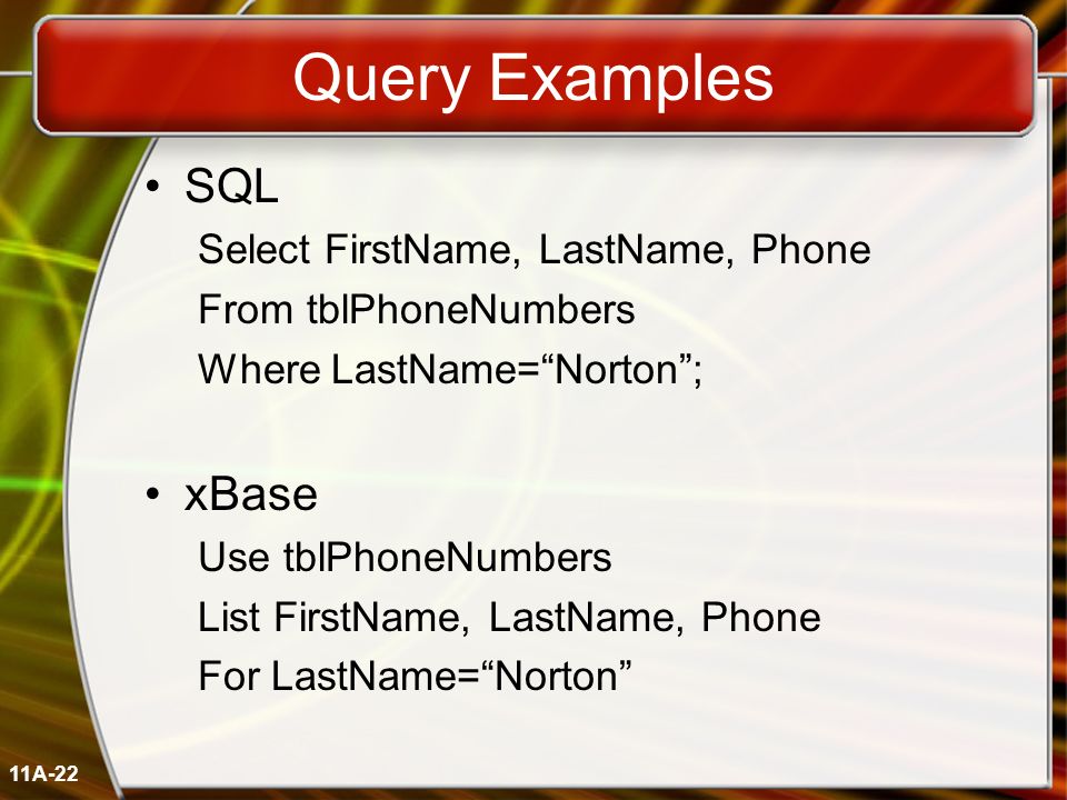 11A-22 Query Examples SQL Select FirstName, LastName, Phone From tblPhoneNumbers Where LastName=Norton; xBase Use tblPhoneNumbers List FirstName, LastName, Phone For LastName=Norton