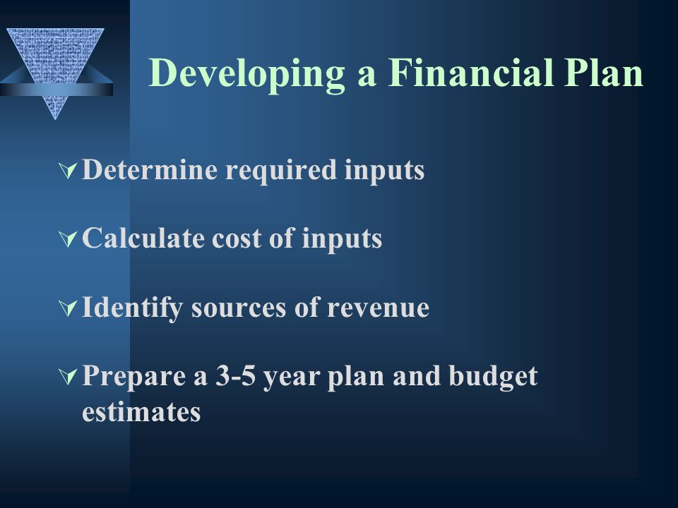 Developing a Financial Plan Determine required inputs Calculate cost of inputs Identify sources of revenue Prepare a 3-5 year plan and budget estimates