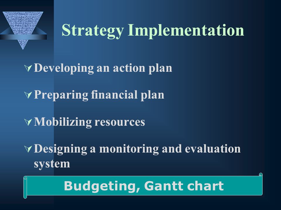 Strategy Implementation Developing an action plan Preparing financial plan Mobilizing resources Designing a monitoring and evaluation system Budgeting, Gantt chart