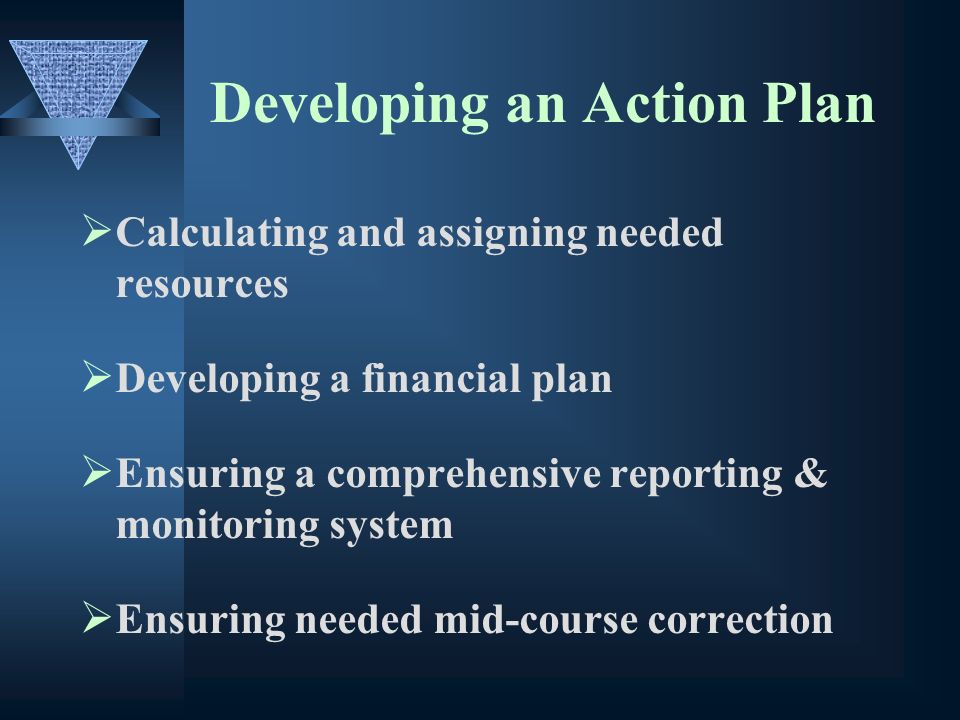 Developing an Action Plan Calculating and assigning needed resources Developing a financial plan Ensuring a comprehensive reporting & monitoring system Ensuring needed mid-course correction