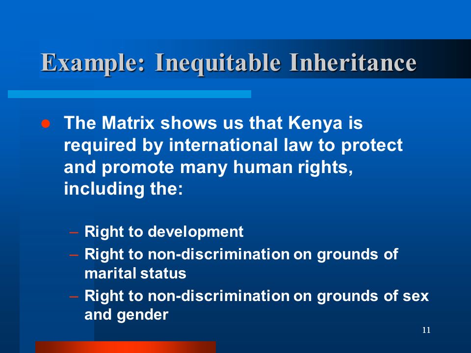 11 Example: Inequitable Inheritance The Matrix shows us that Kenya is required by international law to protect and promote many human rights, including the: –Right to development –Right to non-discrimination on grounds of marital status –Right to non-discrimination on grounds of sex and gender