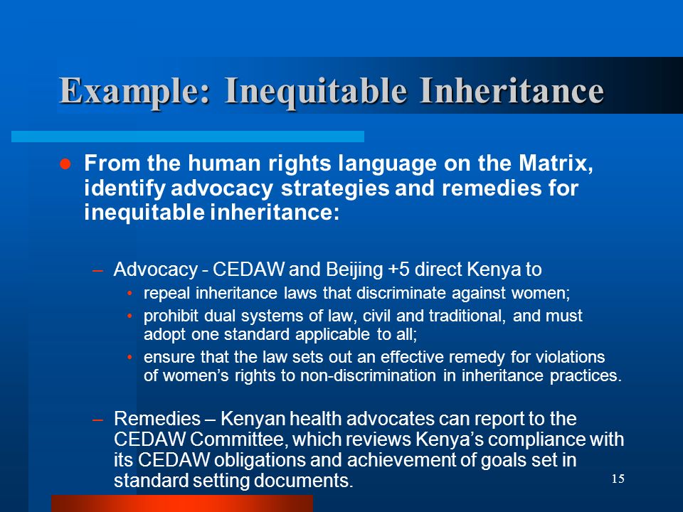 15 Example: Inequitable Inheritance From the human rights language on the Matrix, identify advocacy strategies and remedies for inequitable inheritance: –Advocacy - CEDAW and Beijing +5 direct Kenya to repeal inheritance laws that discriminate against women; prohibit dual systems of law, civil and traditional, and must adopt one standard applicable to all; ensure that the law sets out an effective remedy for violations of womens rights to non-discrimination in inheritance practices.