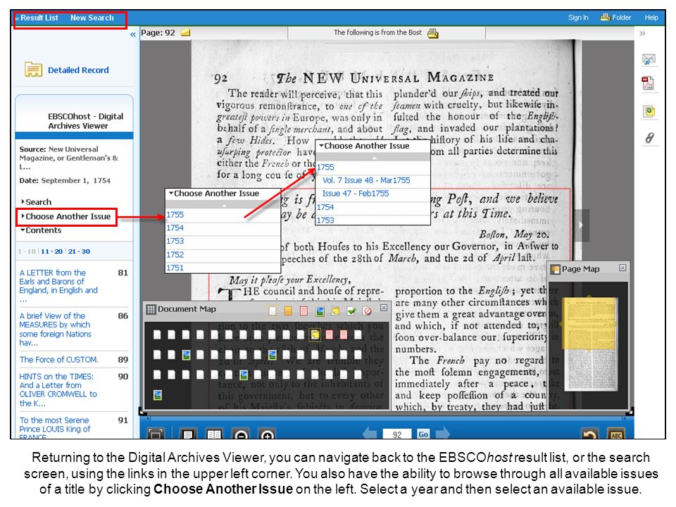 Returning to the Digital Archives Viewer, you can navigate back to the EBSCOhost result list, or the search screen, using the links in the upper left corner.