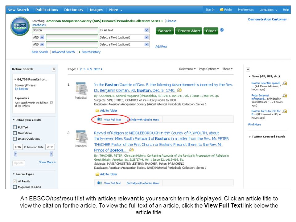 An EBSCOhost result list with articles relevant to your search term is displayed.