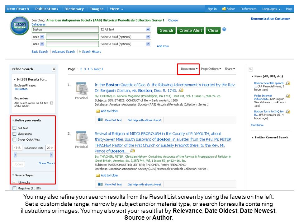 You may also refine your search results from the Result List screen by using the facets on the left.