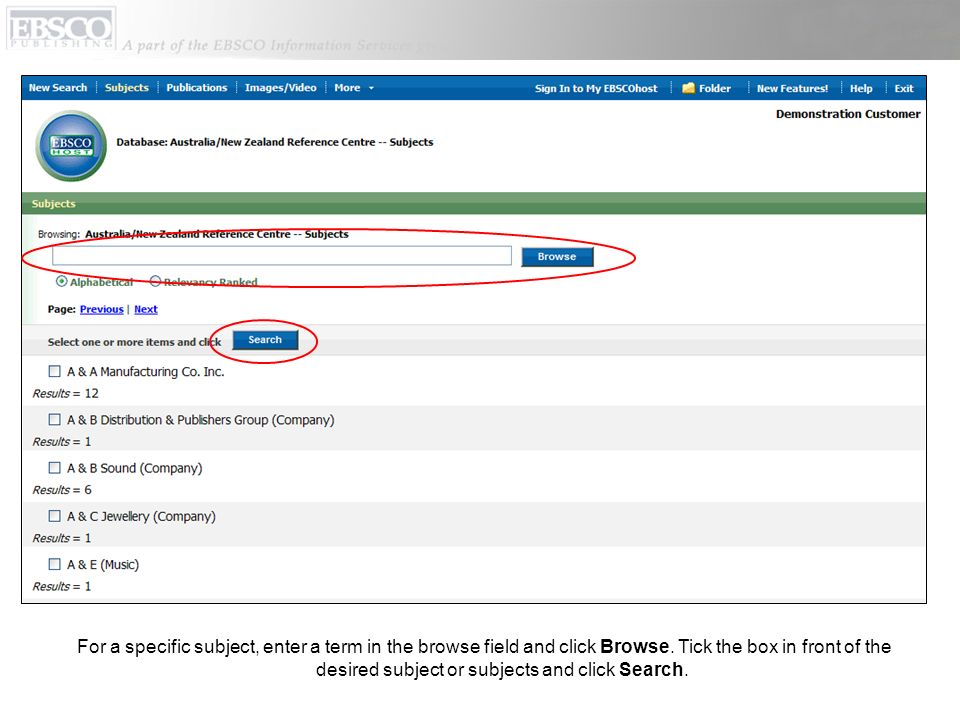 For a specific subject, enter a term in the browse field and click Browse.