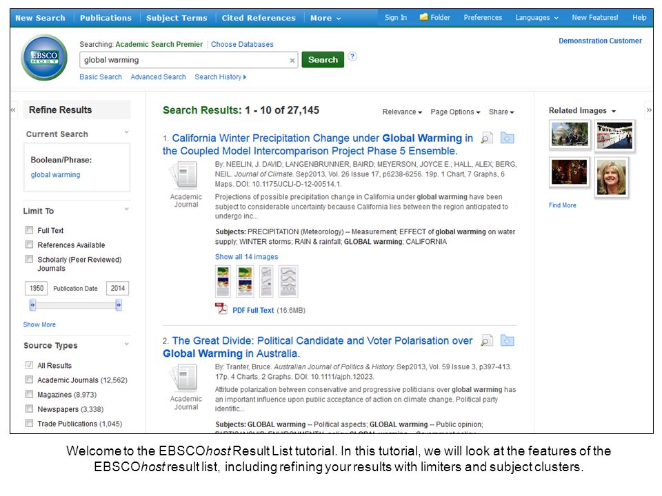 Welcome to the EBSCOhost Result List tutorial.