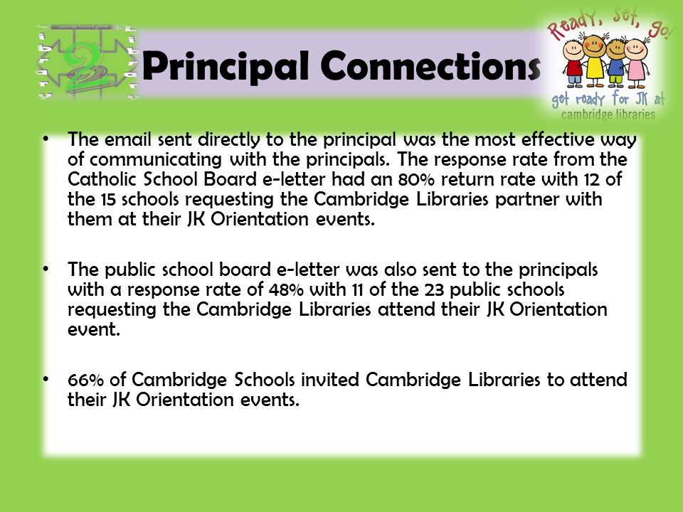 Principal Connections The  sent directly to the principal was the most effective way of communicating with the principals.
