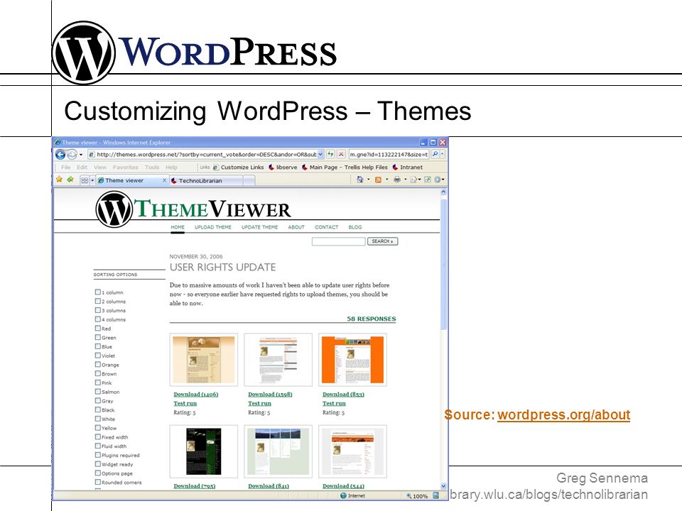 Greg Sennema library.wlu.ca/blogs/technolibrarian Customizing WordPress – Themes Source: wordpress.org/about