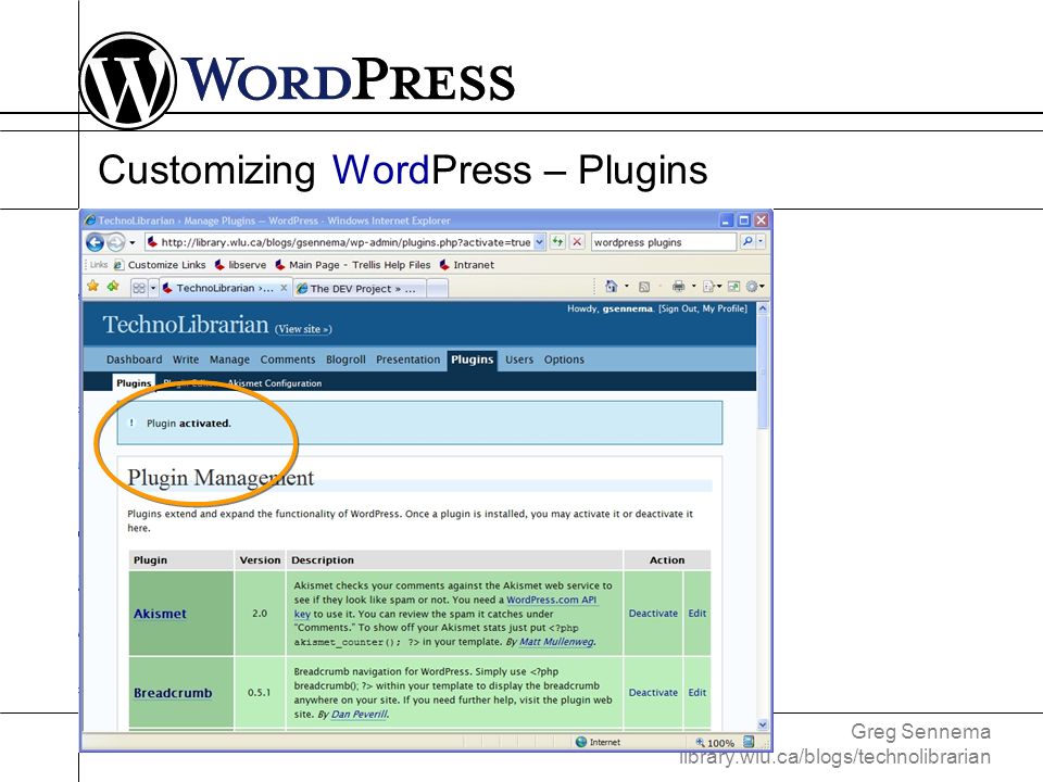 Greg Sennema library.wlu.ca/blogs/technolibrarian Customizing WordPress – Plugins