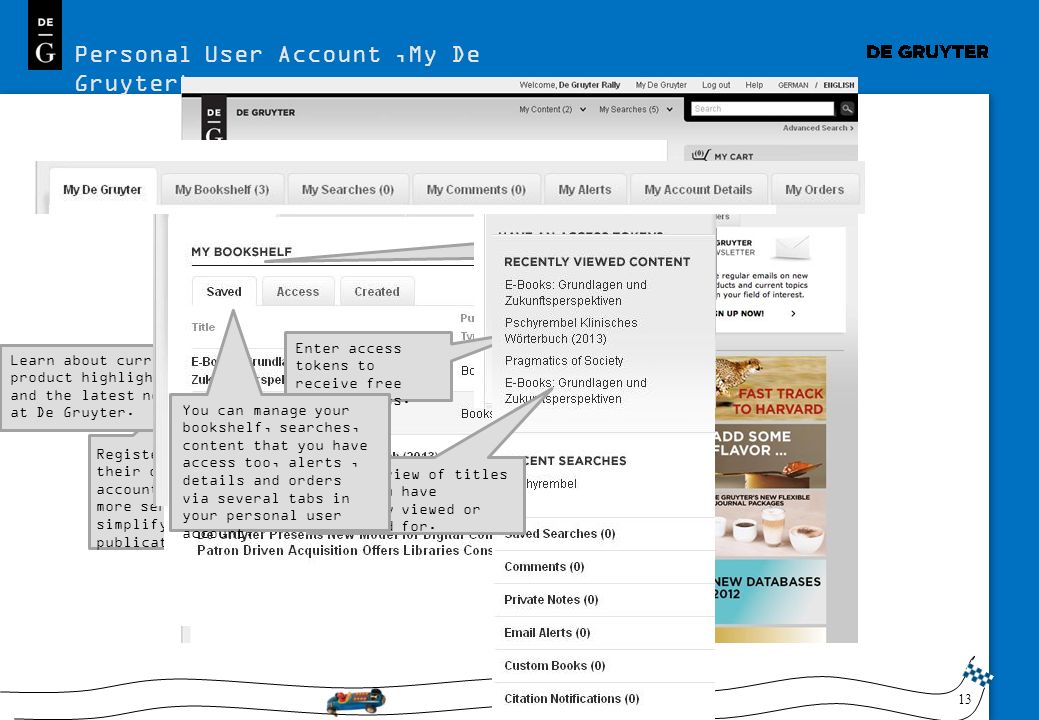 13 Personal User Account My De Gruyter De Gruyter Online offers numerous features supporting efficient and easy ways to work with De Gruyter s electronic content.