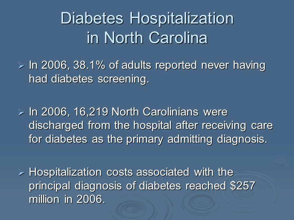 Diabetes Hospitalization in North Carolina In 2006, 38.1% of adults reported never having had diabetes screening.