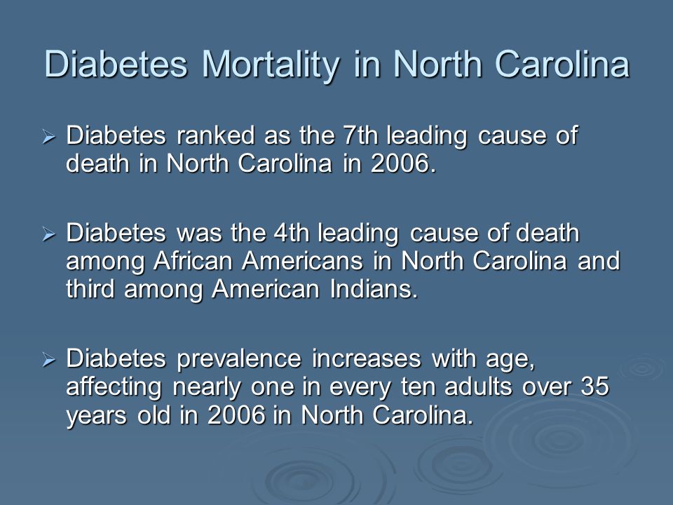 Diabetes Mortality in North Carolina Diabetes ranked as the 7th leading cause of death in North Carolina in 2006.