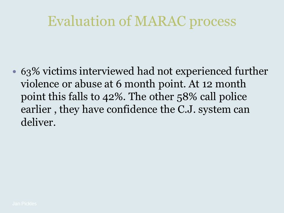 Evaluation of MARAC process 63 % victims interviewed had not experienced further violence or abuse at 6 month point.