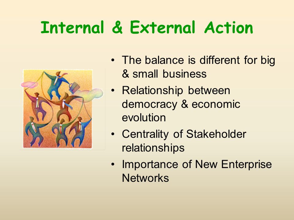 Internal & External Action The balance is different for big & small business Relationship between democracy & economic evolution Centrality of Stakeholder relationships Importance of New Enterprise Networks