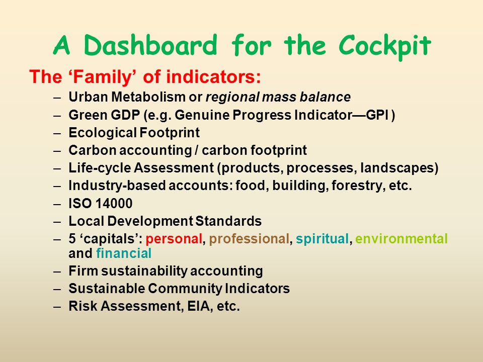 A Dashboard for the Cockpit The Family of indicators: –Urban Metabolism or regional mass balance –Green GDP (e.g.
