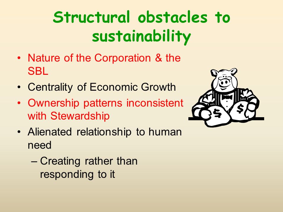 Structural obstacles to sustainability Nature of the Corporation & the SBL Centrality of Economic Growth Ownership patterns inconsistent with Stewardship Alienated relationship to human need –Creating rather than responding to it