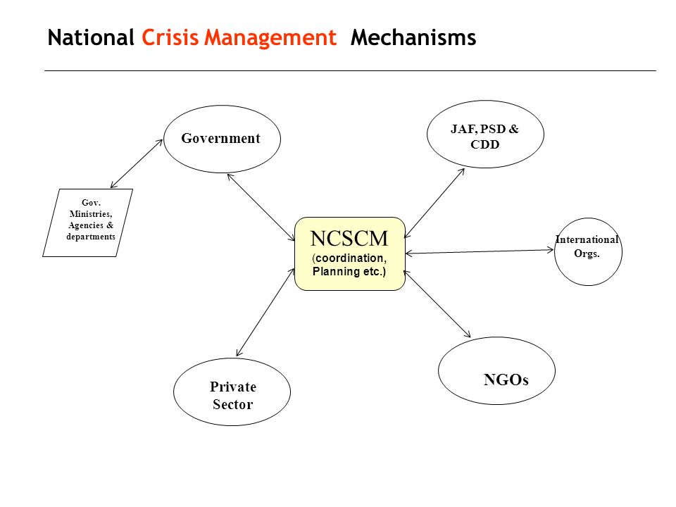 National Crisis Management Mechanisms NCSCM (coordination, Planning etc.) Government JAF, PSD & CDD Private Sector NGOs Gov.