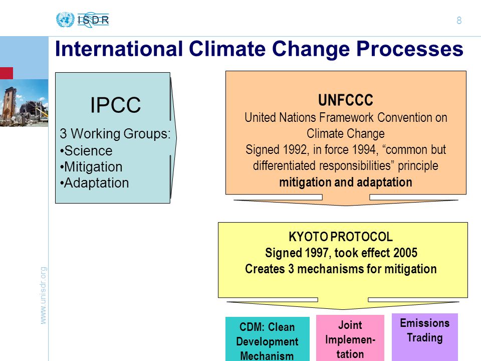 8 International Climate Change Processes UNFCCC United Nations Framework Convention on Climate Change Signed 1992, in force 1994, common but differentiated responsibilities principle mitigation and adaptation CDM: Clean Development Mechanism Joint Implemen- tation Emissions Trading KYOTO PROTOCOL Signed 1997, took effect 2005 Creates 3 mechanisms for mitigation IPCC 3 Working Groups: Science Mitigation Adaptation