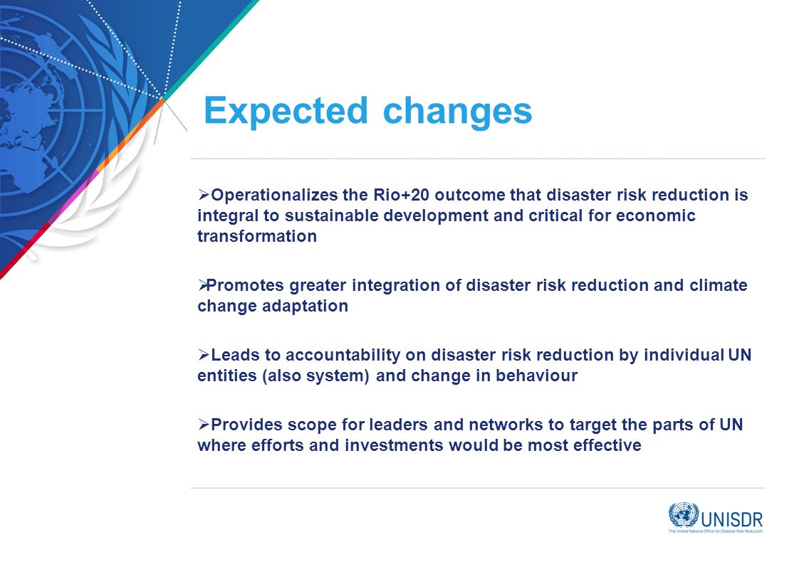 Expected changes Operationalizes the Rio+20 outcome that disaster risk reduction is integral to sustainable development and critical for economic transformation Promotes greater integration of disaster risk reduction and climate change adaptation Leads to accountability on disaster risk reduction by individual UN entities (also system) and change in behaviour Provides scope for leaders and networks to target the parts of UN where efforts and investments would be most effective