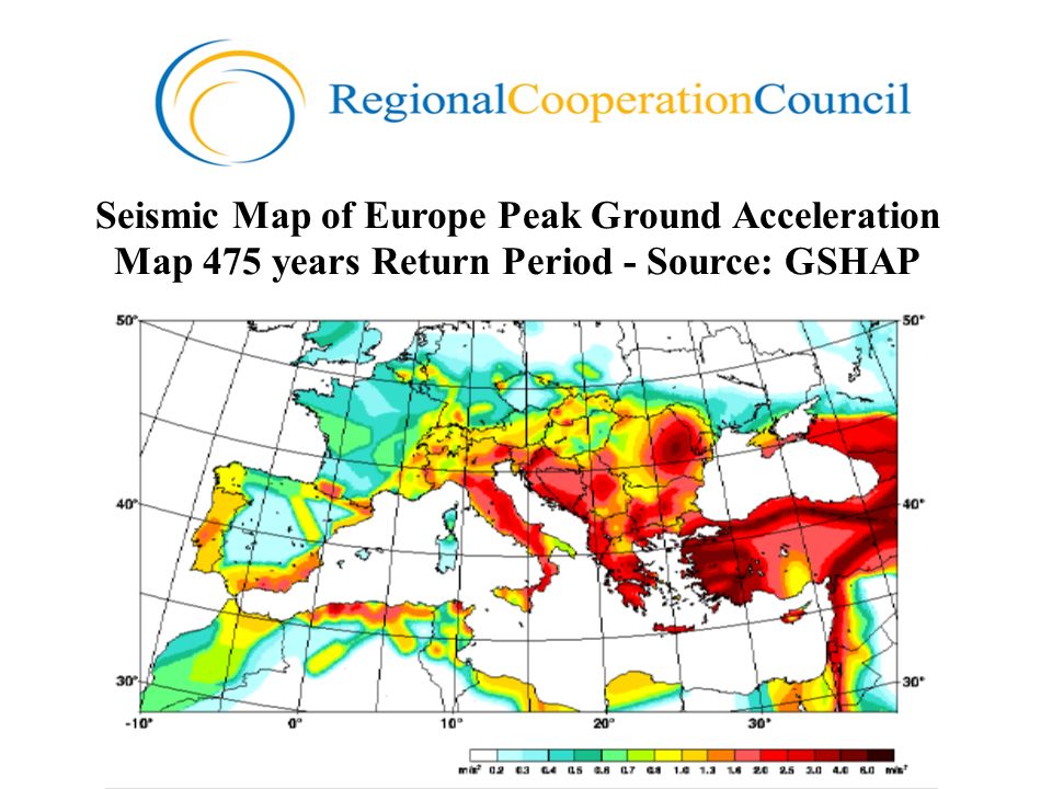 Seismic Map of Europe Peak Ground Acceleration Map 475 years Return Period - Source: GSHAP