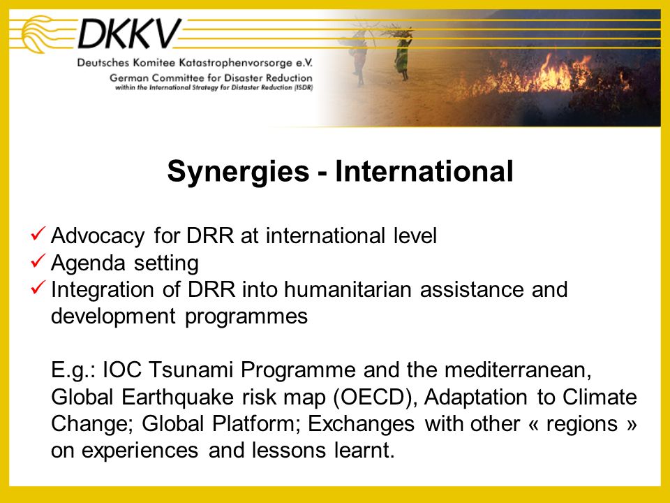 Synergies - International Advocacy for DRR at international level Agenda setting Integration of DRR into humanitarian assistance and development programmes E.g.: IOC Tsunami Programme and the mediterranean, Global Earthquake risk map (OECD), Adaptation to Climate Change; Global Platform; Exchanges with other « regions » on experiences and lessons learnt.